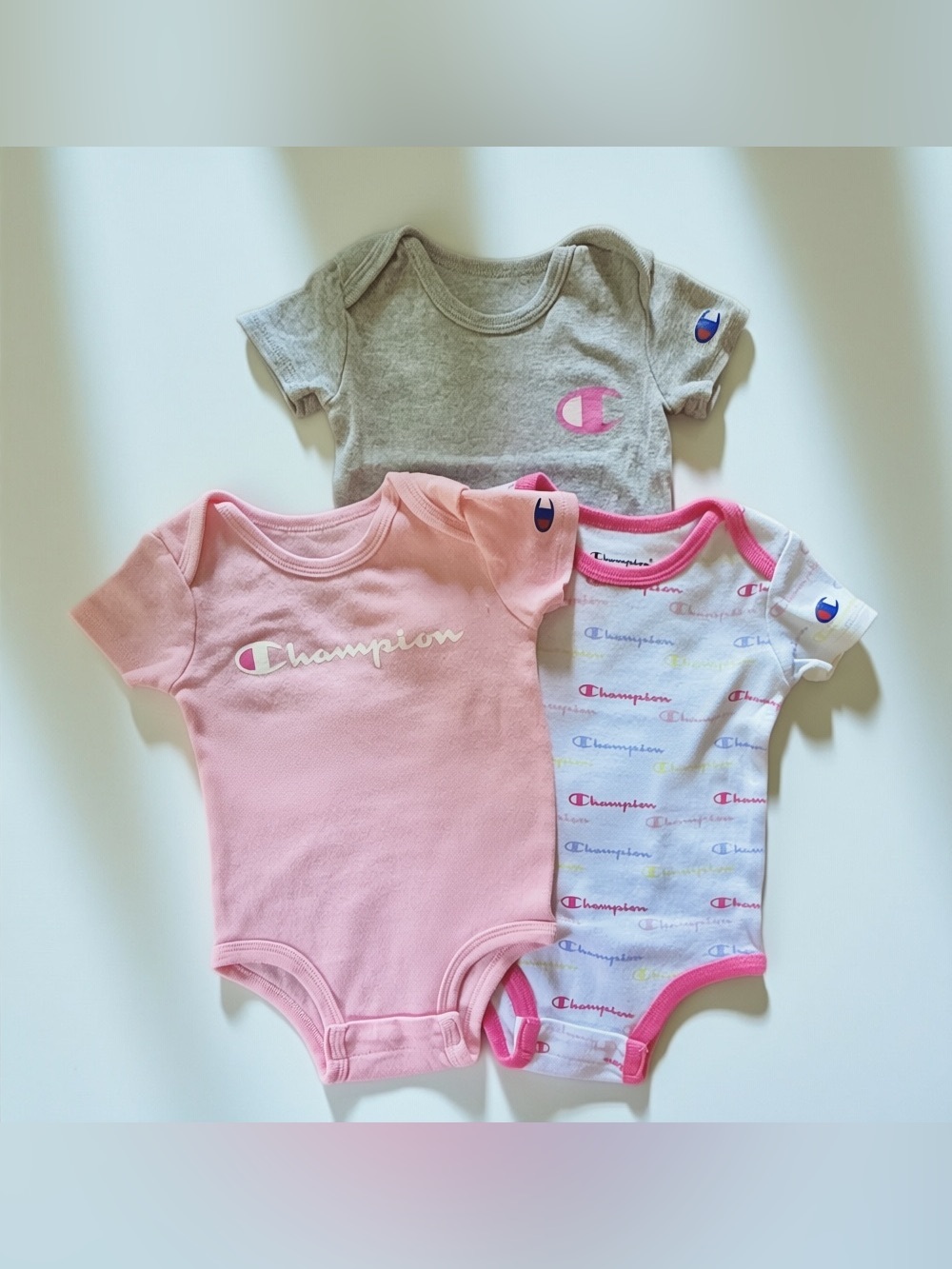 LIKE NEW Champion Baby Girls' Bodysuit Trio - Pink, Gray, White with Logos 3M